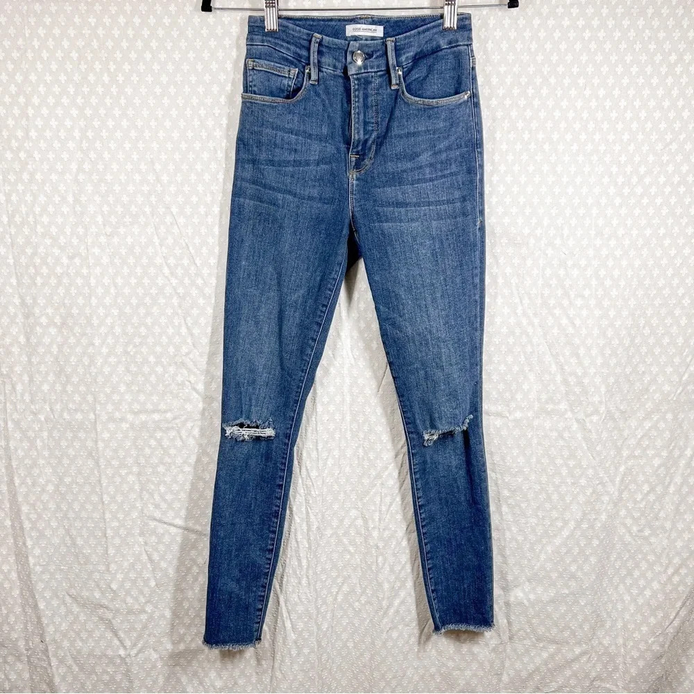 Good American Women Jeans‎ Sz 25 Dark Wash Good Legs Crop High Rise Distressed
